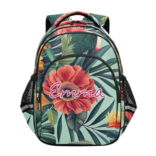 Sac à dos personnalisé enfant 6-12 ans - Motif fleur tropicale et perroquet vert 15 pouces