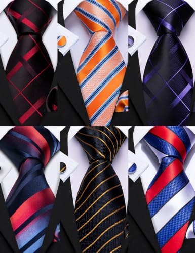 Image of Barry.Wang 6 PCS Men Ties Set Silk Business Fashion Woven Necktie Handkerchief Cufflinks Paisley Stripe Wedding Party