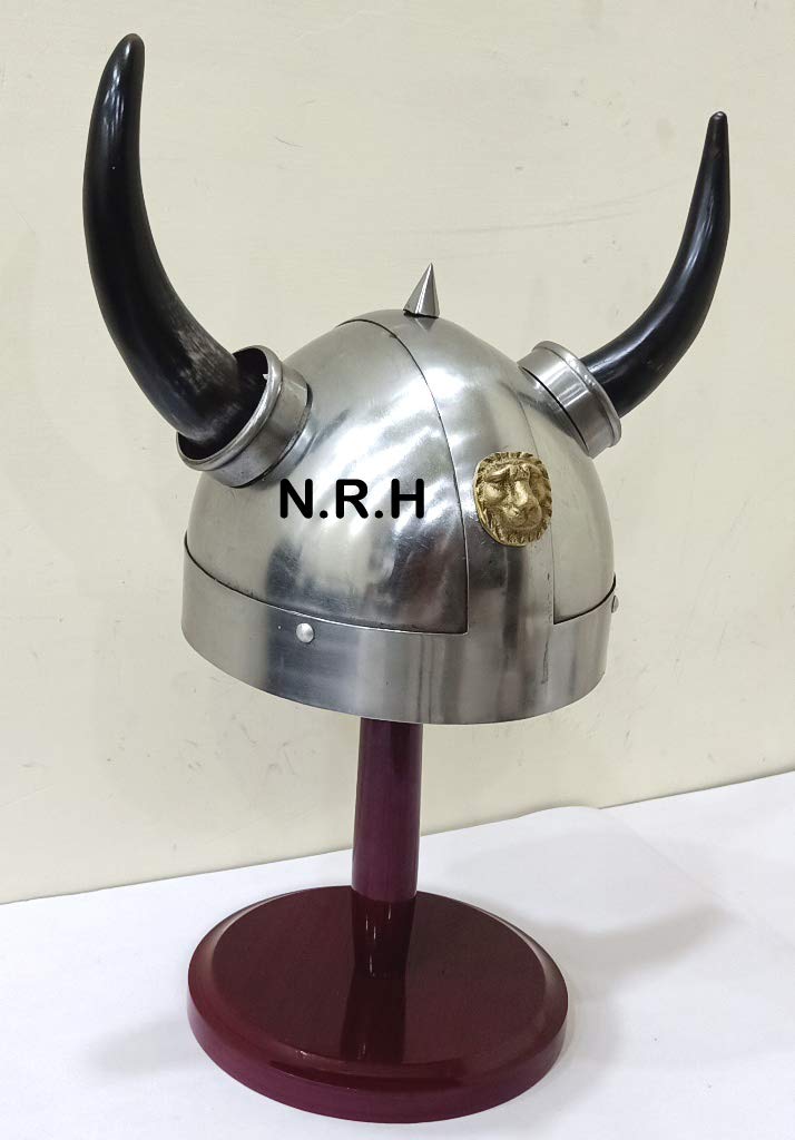 Nautical Replica Hub Authentic Reproduction Steel Viking Helmet Horns and Brass Trim Silver Halloween Helmet With Wooden Stand