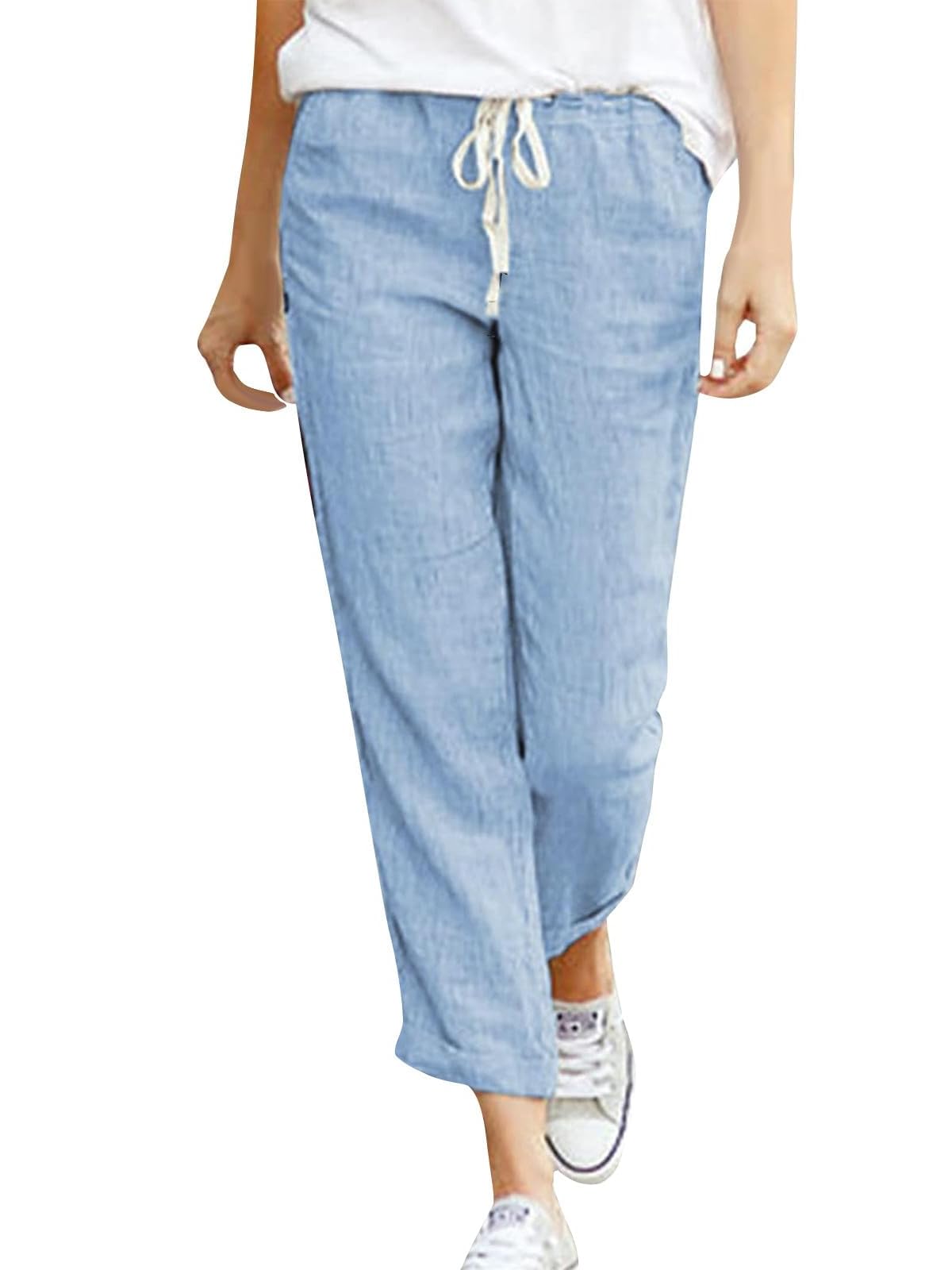 Cegerne Pantaloni in Lino Donna 7/8 Estivi Leggeri e Traspiranti Vita Elastico con Tasche Casual per Spiaggia Vacanze e Tempo Libero