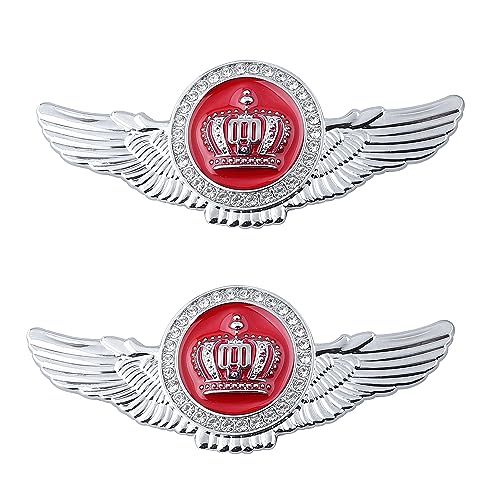 Image of 2pcs Wing Circular Crown Emblems,Crystal Diamond Crown Car Stickers Decals Decoration for All Car (Silver Red)