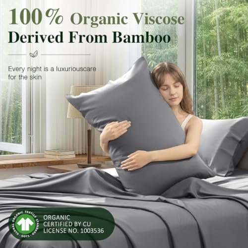 Image of 100% Organically Grown Bamboo Viscose King Sheet Set with Pockets on Side | Hotel Luxury Bed Sheets Set, Deep Pocket Up to 16 Inches, Ultra Soft Cooling Sheets 4pcs (Grey)