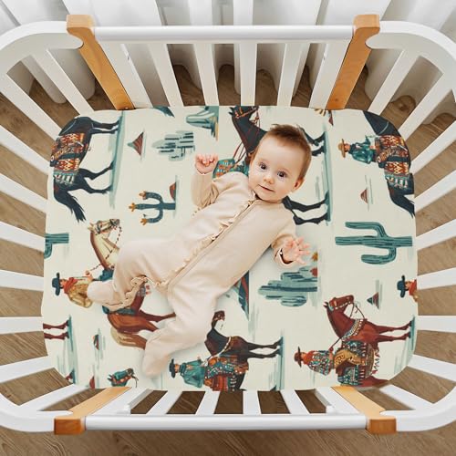 Image of Vintage Western Cowboy Crib Sheets Soft Breathable Fitted Baby Crib Sheets Mattress Cover for Girls Boys, 52 inch x 28 inch x 9 inch