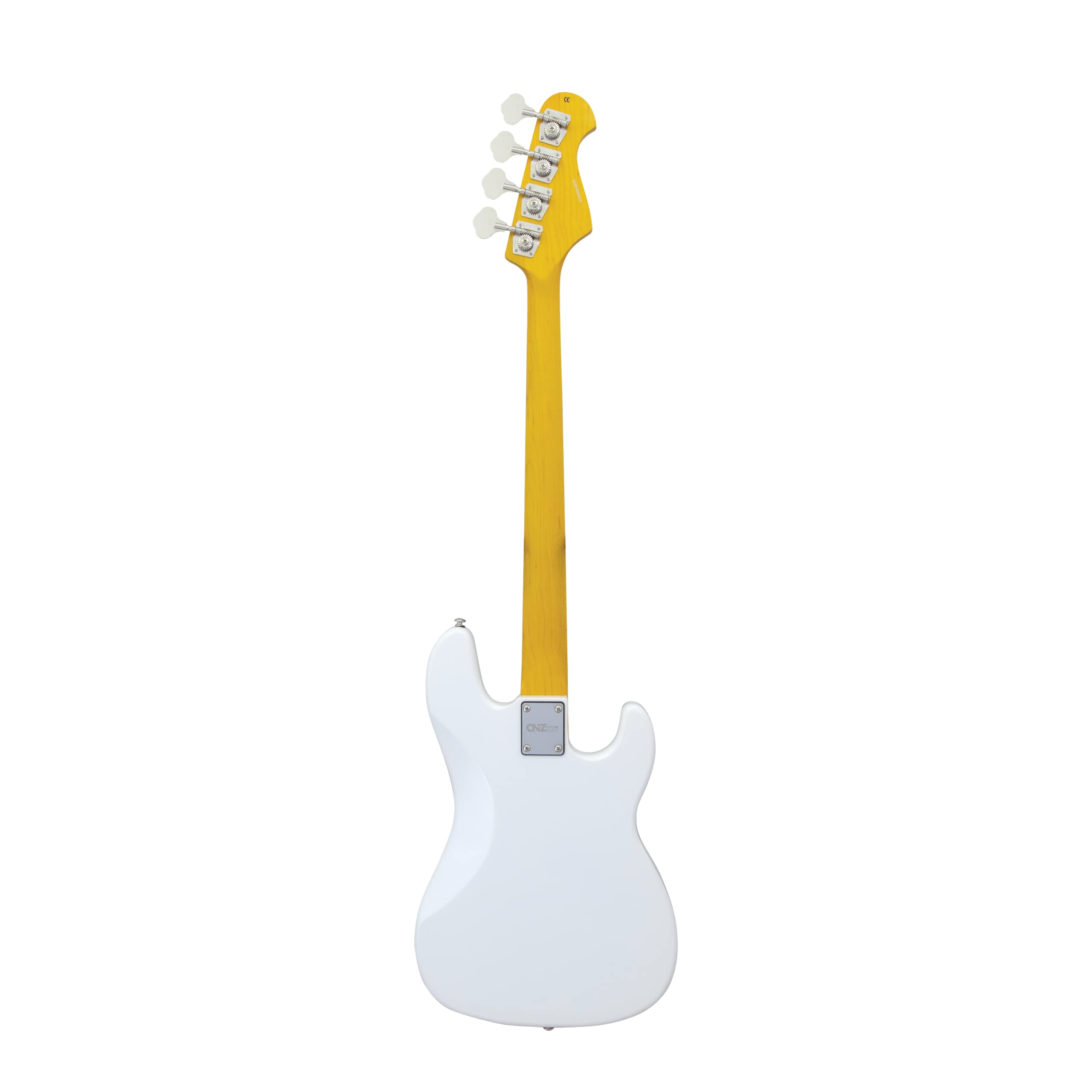 CNZ Audio PB Electric Bass Guitar - Left Handed - White Finish, Amber Maple Neck, Artificial Rosewood Fingerboard