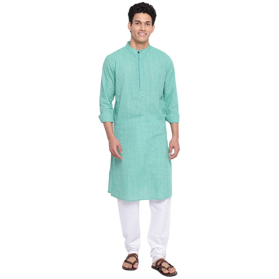 fabindia Men Cotton Dobby LIM Fit Long Kurta Green-picture-25