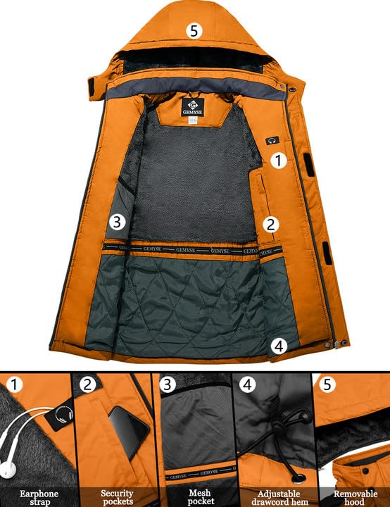 GEMYSE Herren Skijacke Winddicht Wasserdicht Warmes Fleecefutter Winterjacke mit Kapuze für Outdoor(Orange Grau 08,M)