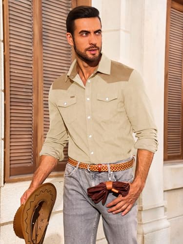 Image of Yousify Mens Corduroy Shirt Long Sleeve Button Down Casual Western Cowboy Shirt Jacket with Flap Pockets
