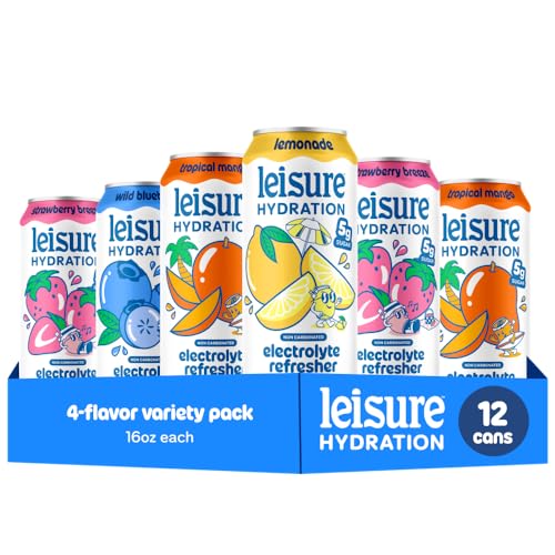 Image of Leisure Hydration Non-Carbonated Electrolyte Refresher, Four Flavor Variety Pack - Low Sugar Nutrient Enhanced Water Beverage - Get The Best Hydration Packed w / Magnesium & Ashwagandha For Mood & Stress Support, Non-GMO, 16 oz (12-Cans)