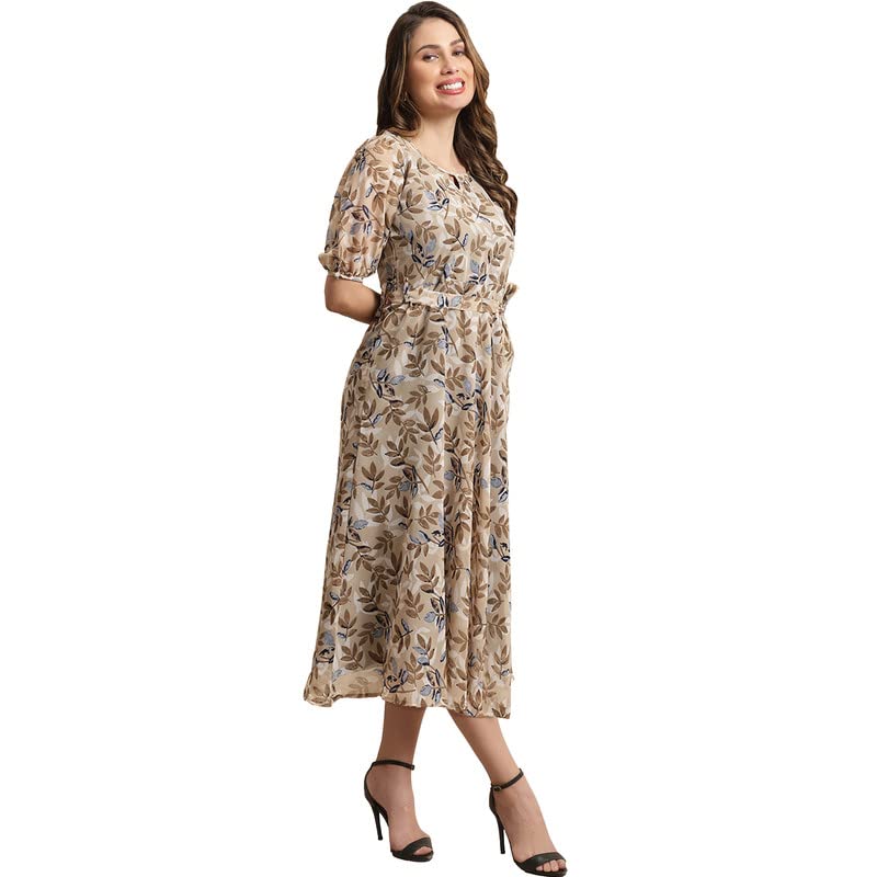 Preneum Women's Maxi Fit & Flare Latest Style Print Georgette Regular Sleeves Casual Summer Maxi | Festival & Occasion, Brown, S