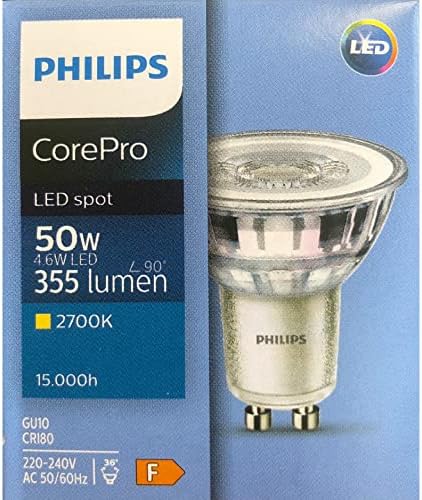 Pack of 10 x Philips Corepro LED 4.6W (50W) GU10, Bulb, 2700K Warm White, 36 Degree, Non Dimmable, UK