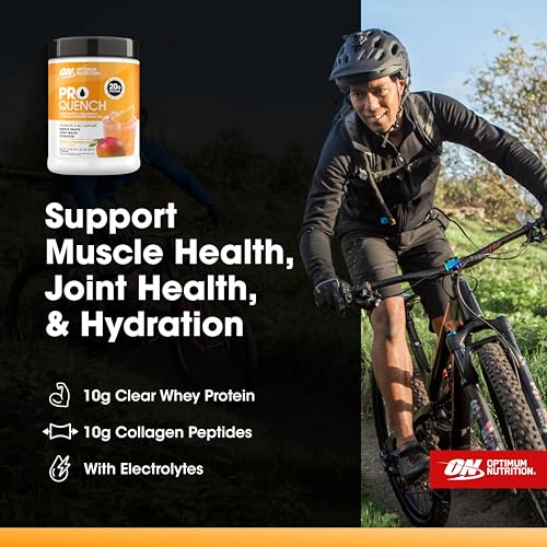 Image of Optimum Nutrition Pro Quench, 10g Clear Protein, 10g Collagen peptides & Electrolyte Powder Drink Mix, Tropical Orange Mango, 20 Servings, 520 Grams (Packaging May Vary) | Clear Whey Protein & Collagen Peptides Sports Drink Mix with Electrolytes, No Added Sugar, No Artificial Flavors, Easy Mixing