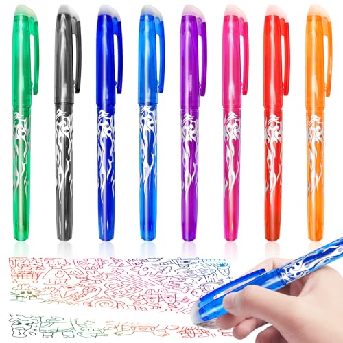 Eurtes 8 Couleurs Stylos Effaçables,Bille Effaçables à Encre Gel,Stylos à Bille avec Gomme,0,5mm Stylo Roller Effaçable,Stylo Gomme pour Enfants, Adultes, École, Bureau, Fournitures de Papeterie