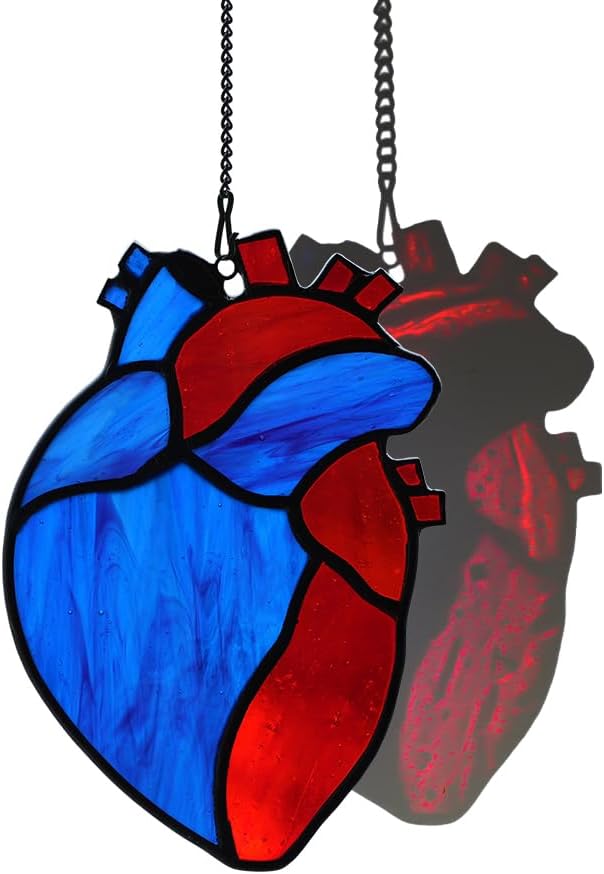 Heart Stained Glass Window Suncatchers - Red Heart Window Decor, Glass Art Housewarming Gifts for Women, Men & Dad
