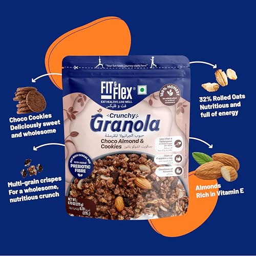 FIT & FLEX Baked Crunchy Granola | Chocolate Cookies & Almond | Oat Rich Cereal with High Protein and Fibre | Ready to Eat Healthy Granola for Breakfast | Chocolate Snacks
