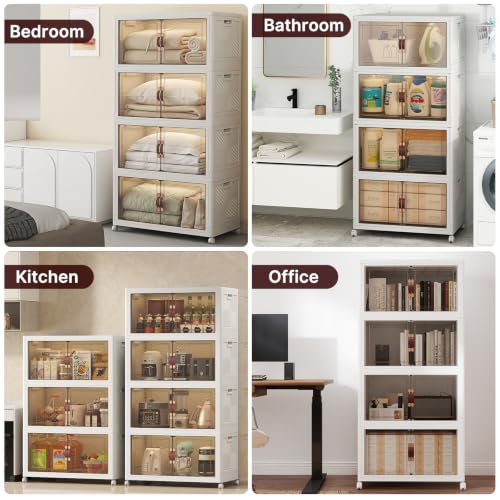 Image of Stackable Storage Bins with Lids, 550QT Lockable Storage Cabinet | Closet Organizers, Foldable Storage Box with Doors and Wheels, Plastic Drawers for Home, Garage, Office (5, White, Plus)