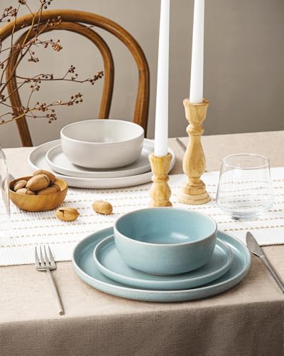 Image of Famiware Milkyway Plates and Bowls Sets, 12 Pieces Dinnerware Sets, Reactive Glaze Dish Set, Stoneware Dishes Set for 4, Matte Beige White & Light Blue