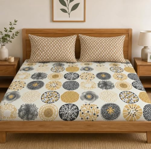 Image of NEW LEAF Premium Cotton Elastic Fitted Bedsheets with 2 King Size Pillow Covers | Double Bed with All Around Elastic 220 TC Supersoft | Size - 72 King Sizex78+10 inches | Mustard Yellow, Black