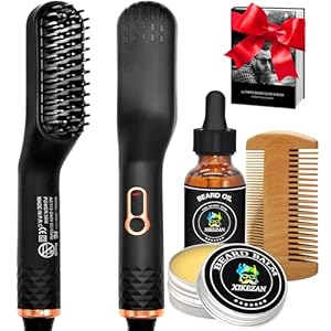 Beard Straightener w/Beard Oil & Balm & Guide E-Book,Upgraded 3 in 1 Hair Straightener Brush Beard Straightening Comb,Unique Stocking Stuffers Gifts for Men Him Dad Husband Birthday Christmas Gifts