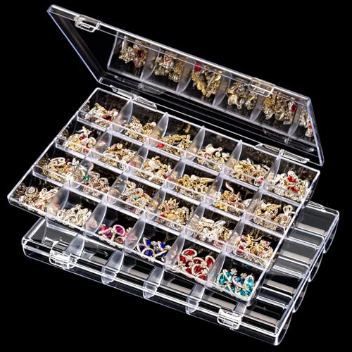 Image of 2 Pack 24 Grids Clear Plastic Boxes for Organizing, Beads Organizer Box with Dividers Bead Containers Nail Charm Organizer for Craft Collection, Container with Dividers Box for Organizing Nail Charms