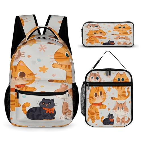 3Pcs Backpack Sets Cute Cartoon Animal Kitten Print Travel Daypack 3 in 1 Lightweight Backpack Set with Lunch Bag And Cosmetic Bag