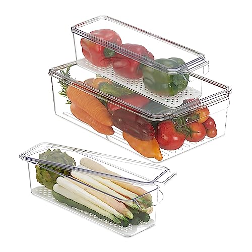 Relaxdays Kühlschrank Organizer, 3er Set Kühlschrankeinsätze, 2 Größen, Kühlschrankboxen mit Deckel, transparent/weiß