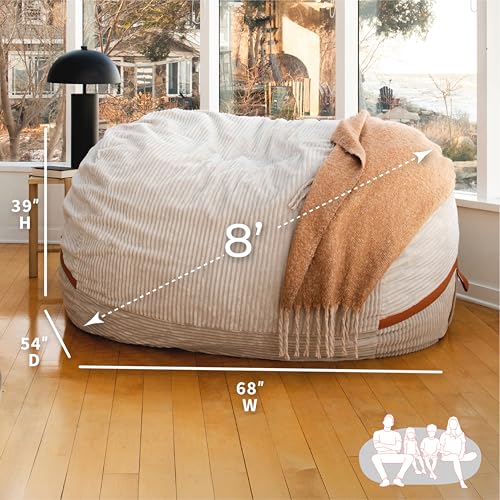 Big Joe Fuf 8Ft Giant Foam Bean Bag Chair, Oversized Couch with Removable Cover for Kids, Teens, Adults, Vanilla Latte Corded Plush, 8 Foot