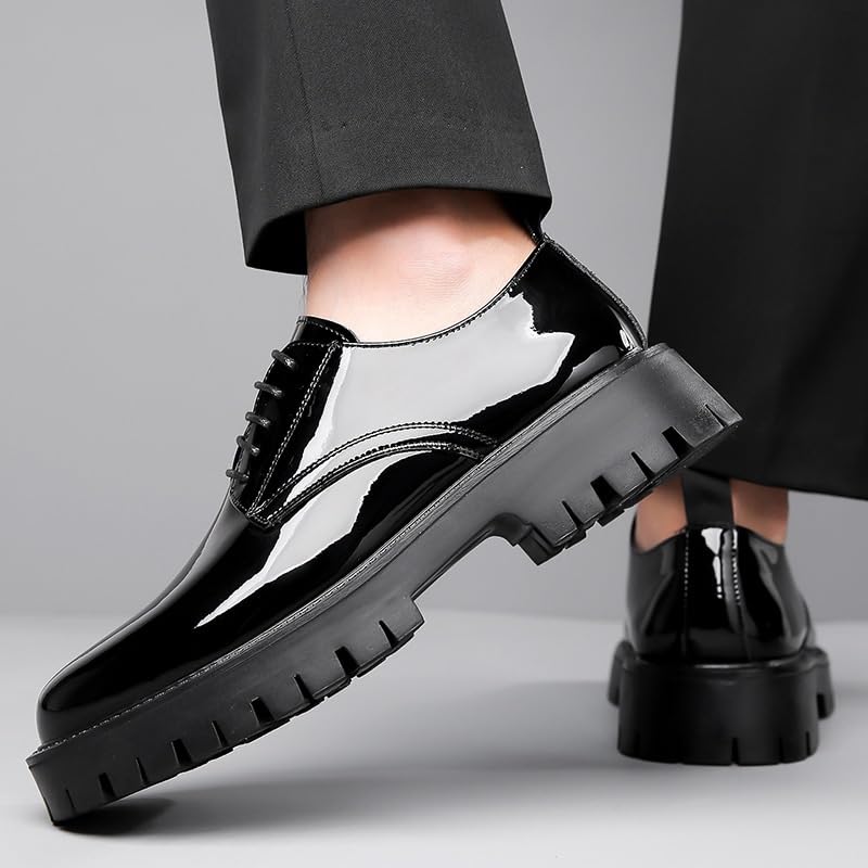 Men's Shiny Patent Leather Dress Shoes Mens Leather Lace Up Platform Oxfords Casual Slip-on Loafer Oxford Lightweight Casual Walking Shoes4