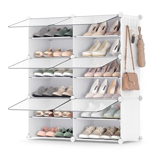 SONGMICS Shoe Rack, 6 Cubes Shoe Organizer with Doors, 24 Pair Plastic Shoe Storage Cabinet, for Bedroom, Entryway, Steel Frame, Plastic Panel, White ULPC033W01
