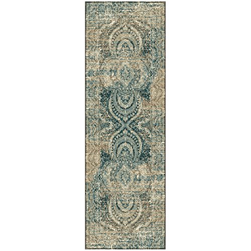 SUPERIOR Eddard Indoor Area Rug, Super Soft, Durable, Elegant, Vintage, Moroccan Pattern, Jute Backing, Blue Beige, 2.6' x 8' Runner
