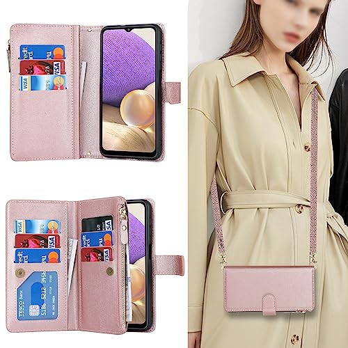 iCoverCase for Samsung Galaxy A32 5G Wallet Case with Card Holder for Women, Crossbody Lanyard Strap Kickstand PU Leather Case with Zipper Pocket Credit Card Slots Cover (Rose Gold) by iCoverCase - Used condition - Image 3