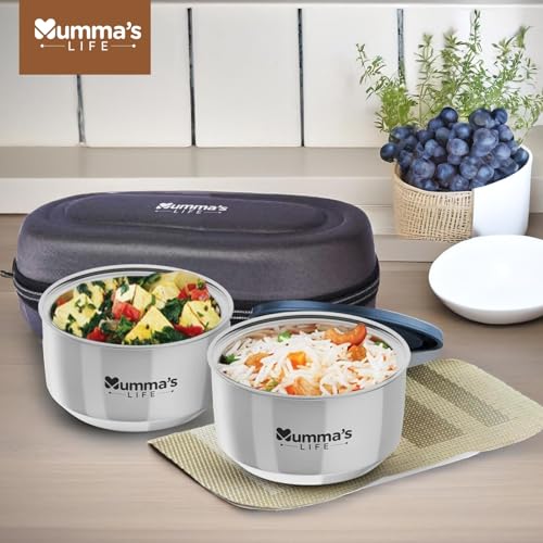 Image of Mumma's LIFE- Stainless Steel Lunch Box Set of 2 (280 ml Each) with Insulated Lunch Bag, Leak Proof Lunch Box for Office & College (Grey)