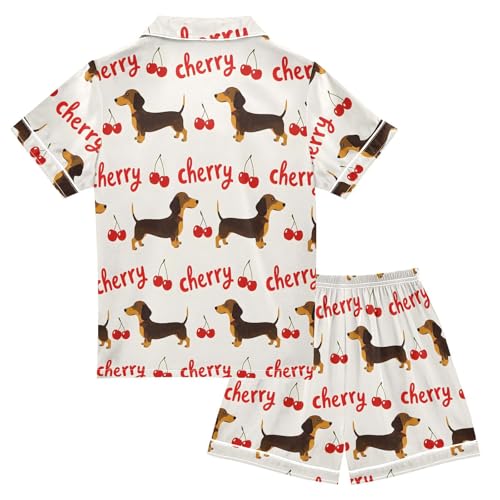 Dachshund Dog Red Cherry Pajamas Set Summer Button Down Sleepwear Pjs Sets Comfy Loungewear2