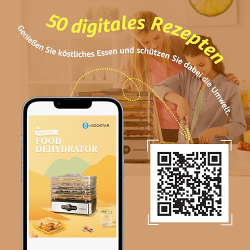 Foto von Aigostar Crispy - Dörrautomat, Dörrgerät mit Temperaturregler, 240W, 35-70°C, 99h-Timer, 5 Einlegefächer, Dörrautomat Edelstahl für Fleisch, Obst, Gemüse, Dehydrator - BPA frei