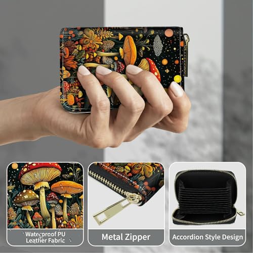 Image of Cute Credit Card Holder with Zipper, Magic Colorful Mushrooms RFID-Blocking Card Case Small Wallet for Women Men, Multi-slot Card Organizer Case Travel Accordion Wallet