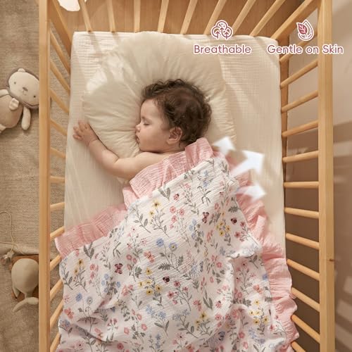 Image of david's kids Flounce Muslin Baby Blanket for Girls Boys, 100% Cotton Soft Crib Swaddle Blankets, Reversible & Breathable Nursery Bedding for Newborns Toddlers, 47 x 47 Inches (Garden)