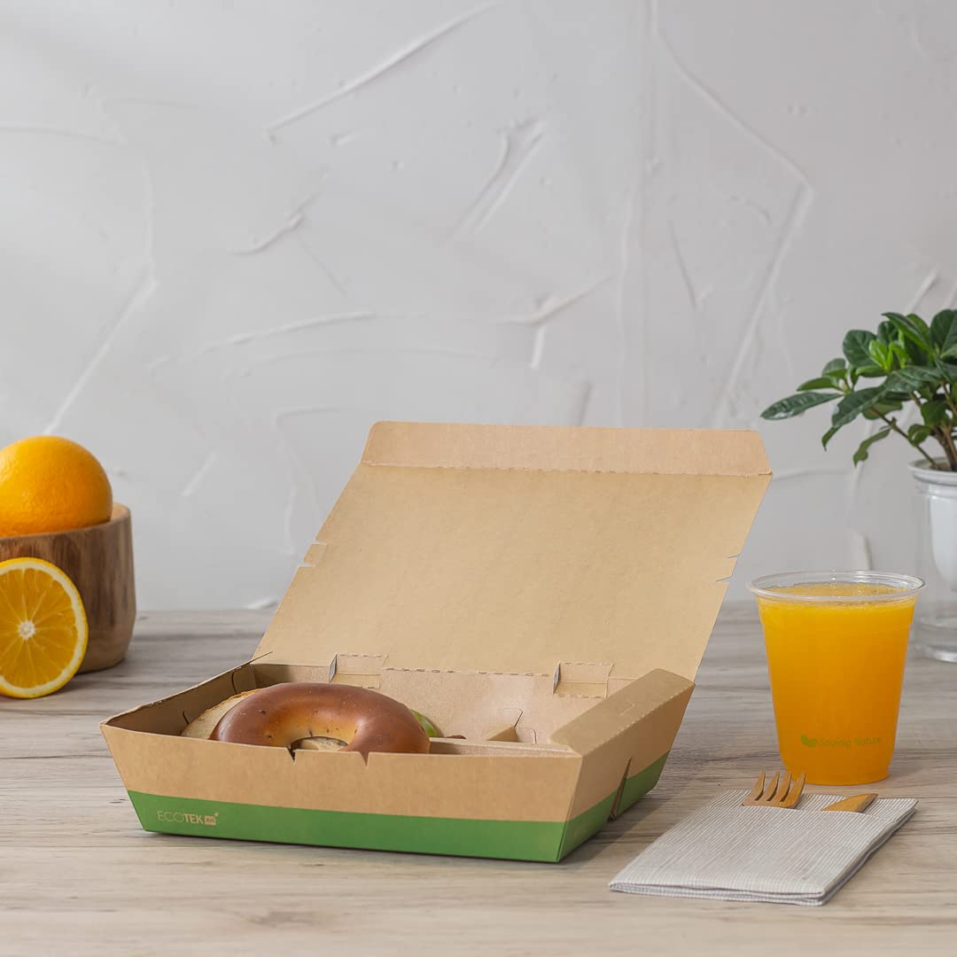 Restaurantware Eco Tek - Cajas para llevar de 50 onzas, 100 cajas Bento compostables, 3 compartimentos, cierre de pestañas, cajas de papel kraft y verde, forro de ácido poliláctico, para restaurantes