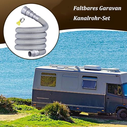 Beiyan 5M Zusammenklappbares Abwasserschlauch Wohnwagen mit Verstellbarem Adapter, Ablaufschlauch Waschmaschine für Wohnmobil, Anhänger und Wohnmobil Anhänger, auslaufsicher, platzsparendes Design