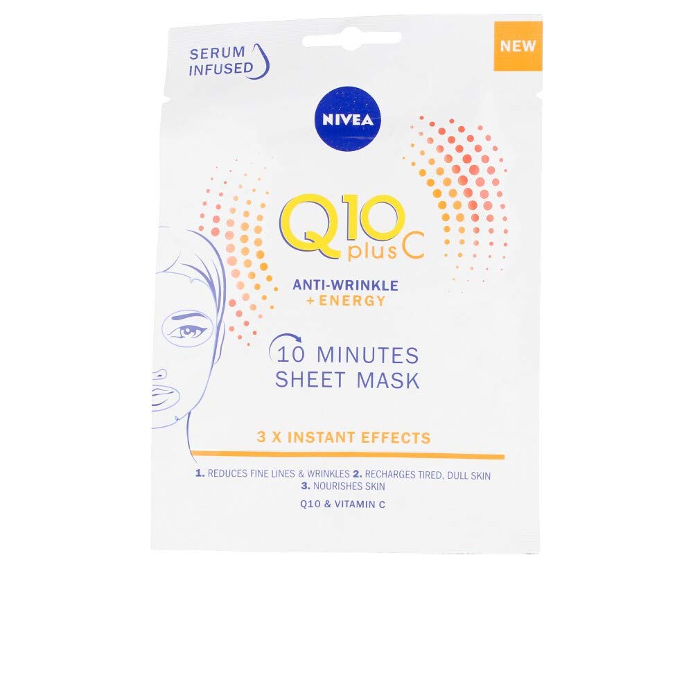 NIVEA Q10 Energy Mascarilla de Tejido con Vitamina C (1 ud), mascarilla antiarrugas con 3 efectos instantáneos, mascarilla facial con coenzima Q10 y vitamina C