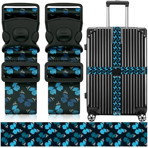 Image of 2 Pack Luggage Straps for Suitcases, Adjustable Travel Belt with Double Lock and Quick Release Buckle, Heavy Duty Nylon Bag Packing Strap, Unique Identifiers Travel Accessories-Blue Butterfly