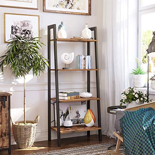 VASAGLE ALINRU Ladder Shelf, 4-Tier Bookshelf, Storage Rack Shelves, Bathroom, Living Room, Industrial Accent Furniture, Steel Frame, Rustic Brown and Black ULLS44X