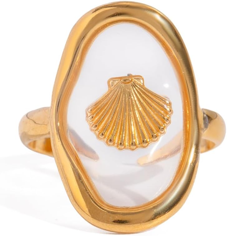 Cykdohy Dainty Seashell Adjustable Ring for Women - Stainless Steel Open Band, Stackable Knuckle Thumb Finger, Beach Summer Jewelry Gift