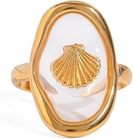 Cykdohy Dainty Seashell Adjustable Ring for Women - Stainless Steel Open Band, Stackable Knuckle Thumb Finger, Beach Summer Jewelry Gift