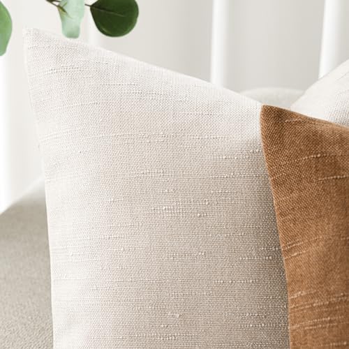 Image of Foindtower Pack of 2 Soft Textured Throw Decorative Pillow Covers Square Accent Solid Cushion Cover Cozy Farmhouse Pillow Case with Zipper for Couch Sofa Bedroom Living Room 20x20 Inch, Light Beige