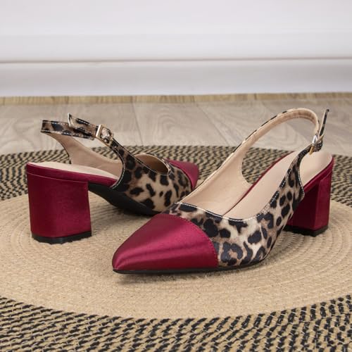 2.3 Inch Low Block Satin Slingback Heels for Women Cap Pointed Toe Leopard Print Ankle Strap Pumps Comfortable Dress Two Tone Shoes for Evening Party Prom3