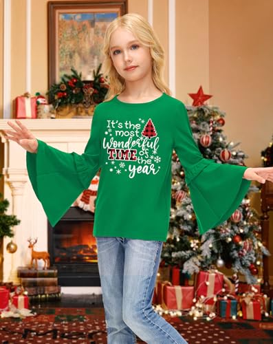 Image of BesserBay Girls Christmas Long Bell Sleeve Ruffle Tunic Top 4-12 Years