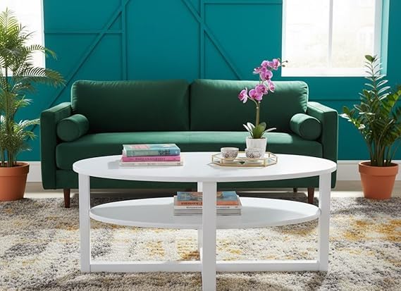 DEENZ Contemporary Finish Oval Shaped Coffee Table With Undershelf Center Table Stylish And Decorative (White)
