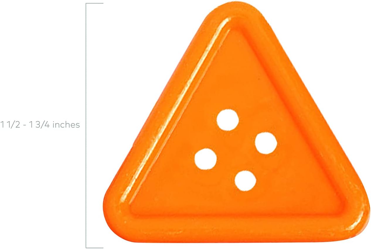 An orange triangle-shaped button with four holes, next to a ruler indicating its size is 1 1/2 to 1 3/4 inches.