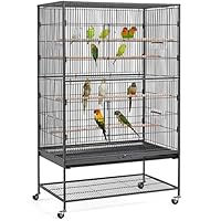 Yaheetech großer Vogelkäfig mit 4 Holzstangen und 360° Rollen, Vogelvoliere mit 2 Türen und schmutzwanneneinsatz 56x93x153 cm, Schwarz