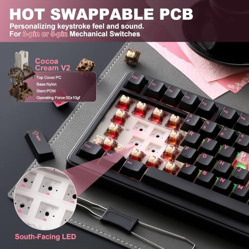 Image of YUNZII B75 PRO Wireless Mechanical Keyboard,75% Layout with Knob,Hot Swap Gasket Structure,Creamy Pre-lubed Switches,RGB Backlit,Bluetooth /Type-C /2.4G for Win /Mac (Black Heart, Cocoa Cream V2 Switch)
