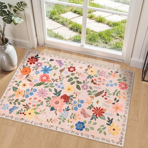 Entryway Rug 2X3 Small Rugs: Floral Washable Door Mat Vintage Soft Low Pile Non-Slip Kitchen Rugs Stain Resistant Indoor Throw Rug for Entrance, Bedroom, Kitchen, Laundry, Bathroom Beige